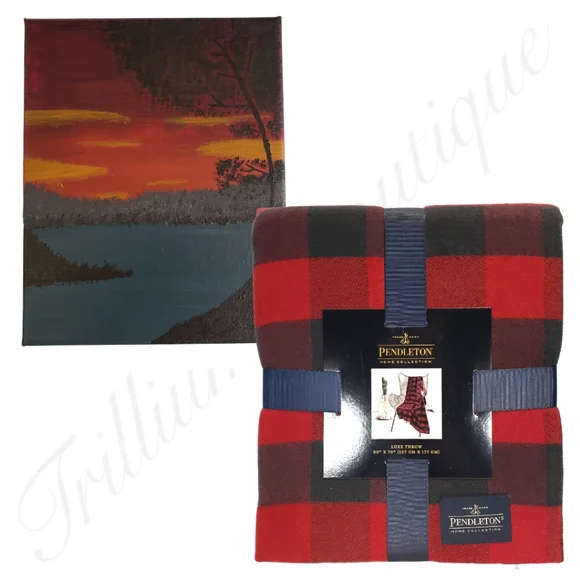 Pendleton Red Rob Roy Luxe Throw & Handmade Acrylic Sunset Canvas Painting NEW - Picture 1 of 11
